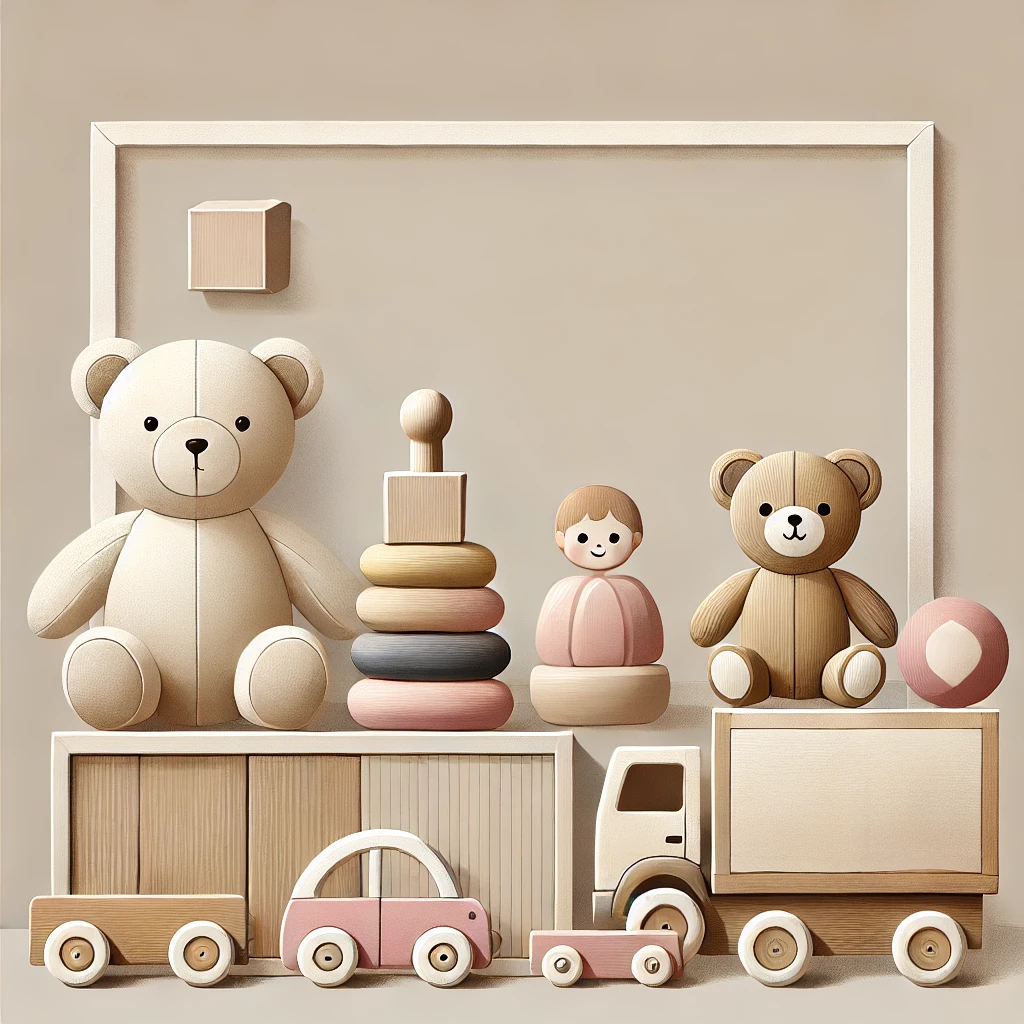 DALL·E 2025-01-16 20.53.50 - A simple and elegant illustration of a toy collection featuring neatly arranged classic toys such as wooden blocks, a teddy bear, a toy car, a doll, a.webp